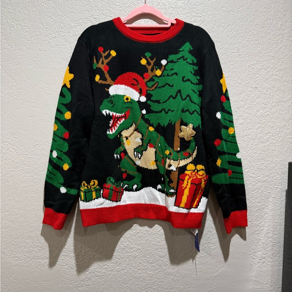 Festive Dinosaur Christmas Sweater - Black and Red
